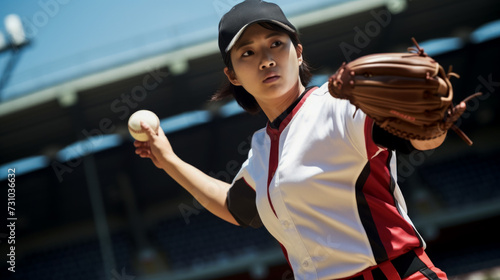 Portrait of female baseball player with Low angle shot, pitcher throwing ball, female university student advertising softball league at university, conceptual space