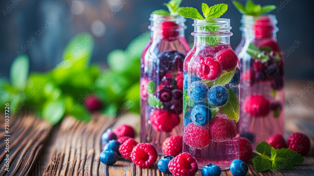 Water with berries in glass bottles, freshness