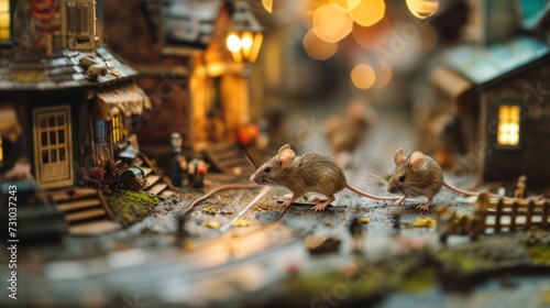 high detailed and high quality Iconic depiction of miniature mice navigating a meticulously designed urban miniature cityscape, capturing their curiosity and tiny explorations