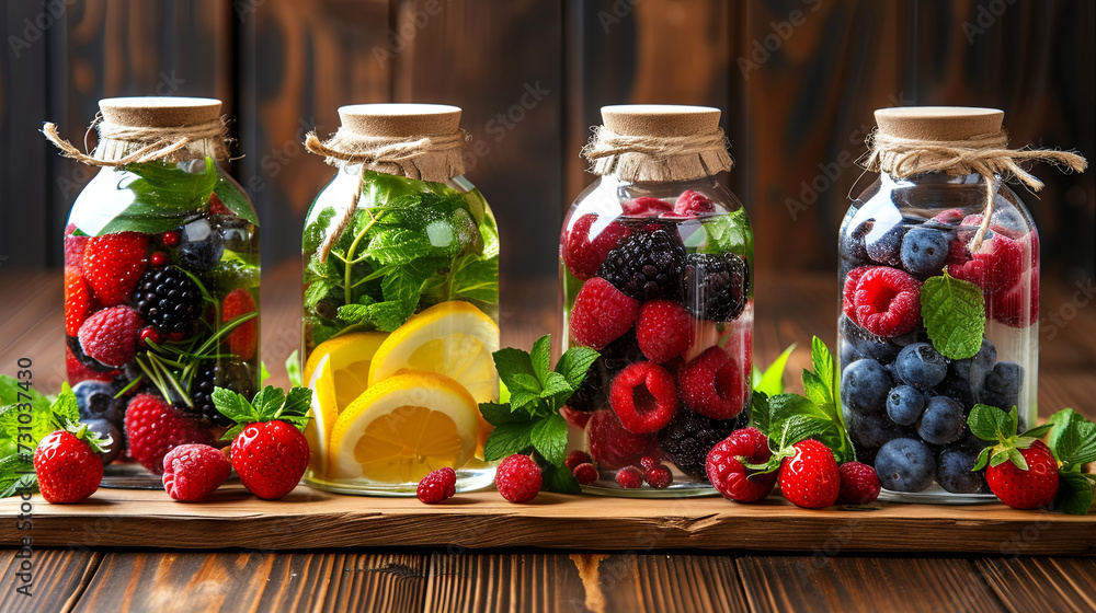 Glass bottles with a drink made of berries and mint on a bokeh background Glass bottles with a drink made of berries and mint on a bokeh background