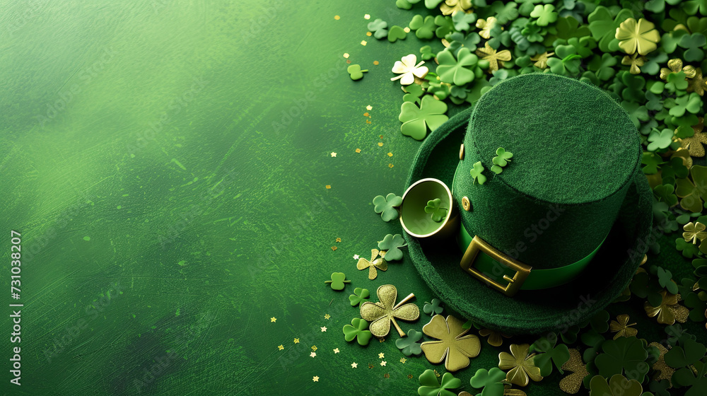 Green leprechaun hat with clover for St. Patrick's Day on green background - obrazy, fototapety, plakaty 