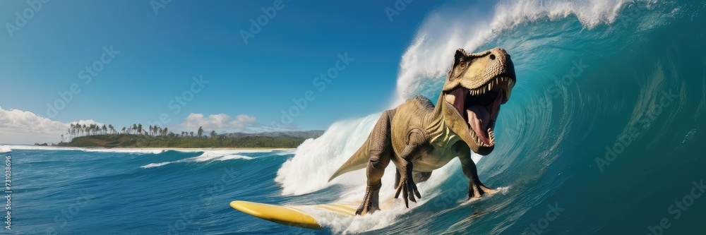 Fototapeta premium Banner with a funny surfing dinosaurus T-rex, great for travel and vacation ads, showcasing surfing gear, and adding a playful vibe to summer events and festivals