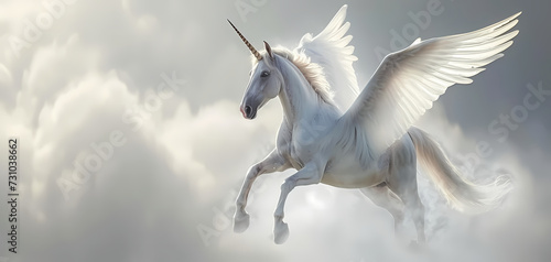 Enchanting Flight  Unicorn Soars Joyfully Over a Fairy-tale Landscape with Spread Wings  Copy Space  Freedom in sky 