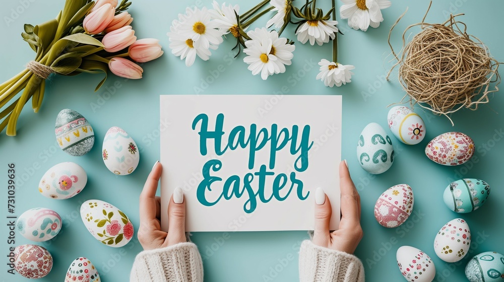 A vibrant flatlay of decorated Easter eggs, fresh flowers, and a Happy Easter card held by hands against a teal background. Perfect for holiday and spring themes. Generative ai