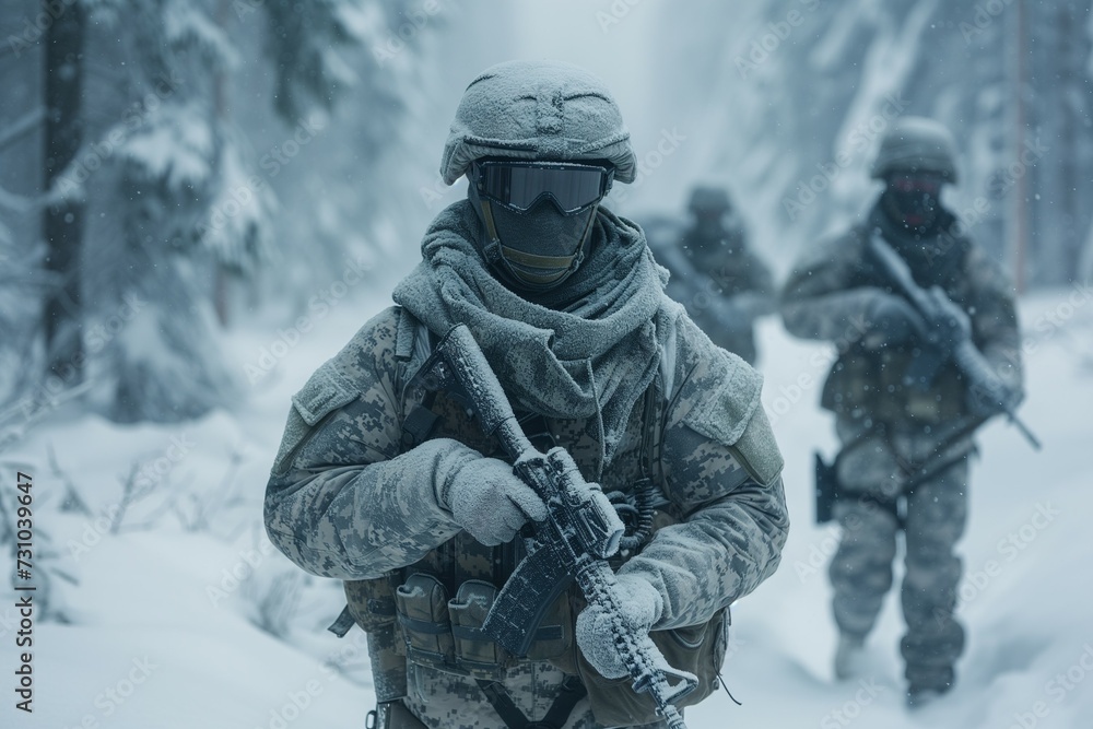 Soldiers in winter camouflage gear patrol through a snowy forest, demonstrating readiness and resilience in harsh conditions. Generative ai
