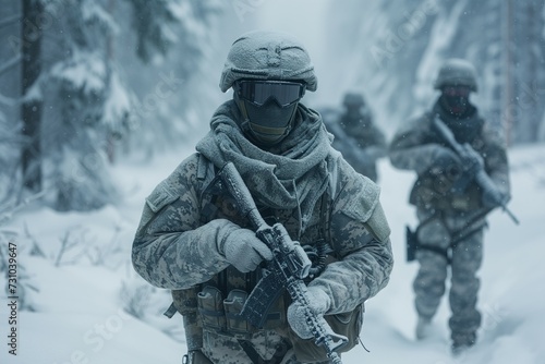 Soldiers in winter camouflage gear patrol through a snowy forest, demonstrating readiness and resilience in harsh conditions. Generative ai © Andrii