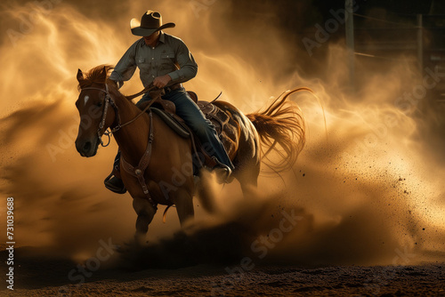 A cowboy rides a galloping horse, kicking up dust in the golden light. Generative ai © Andrii
