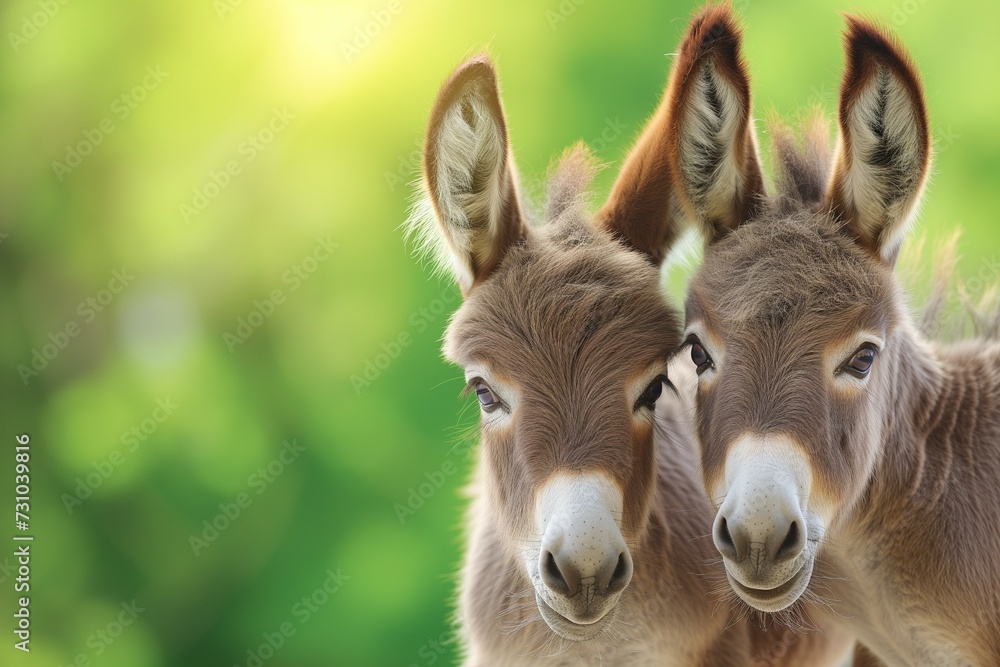 two happy baby donkeys against a backdrop of natural greenery. Generative ai