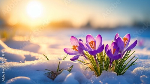 Spring Awakening  Crocuses Blooming Through Snow. Generative ai