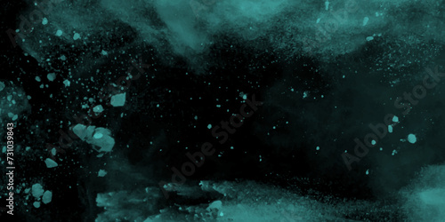 Abstract sea green watercolor hand painted art victor illustration. Dark green painted smoky textured teal color powder explosion. Black and Green Smoke background elegant luxury space with stars. 