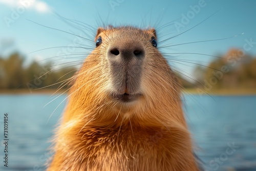 A stunning close-up image capturing the detailed features of a capybara against a serene lake and clear sky backdrop. Generative ai © Andrii