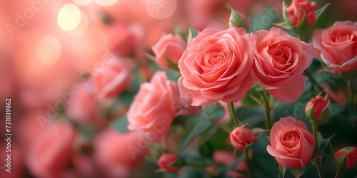 A bouquet of blooming pink roses amidst a soft-focus background  emanating a romantic and serene ambiance. Generative ai