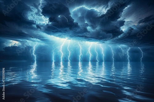 Dramatic Lightning Storm Illuminates Dark Skies and Reflects on Calm Ocean. Generative ai