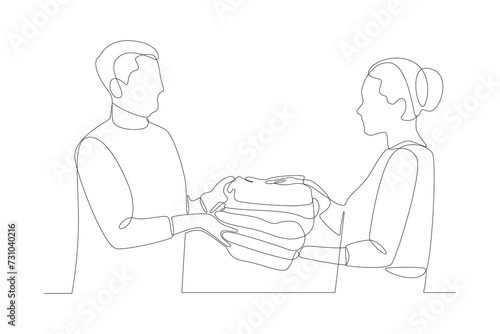 Continuous one line drawing Volunteer concept. Doodle vector illustration.