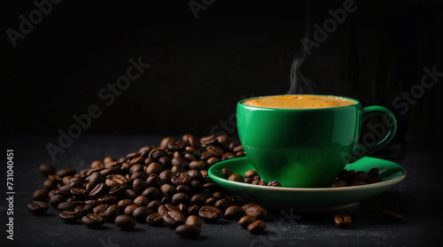 creative photo of a green cup of coffee with splashes and coffee beans on a dark background, space for text, banner