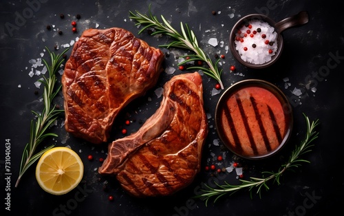 Two Steaks, Lemon, and Spices on Black Surface