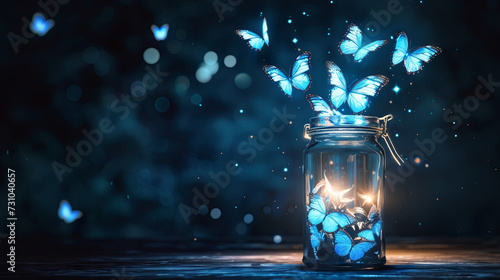 Dreams in the form of butterflies fly out of the jar and shine on the blue night sky