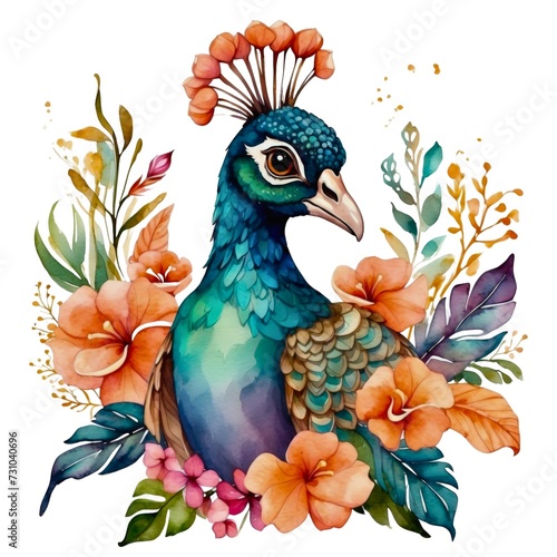 Watercolor illustration portrait of a cute adorable peacock bird with flowers on isolated white background.