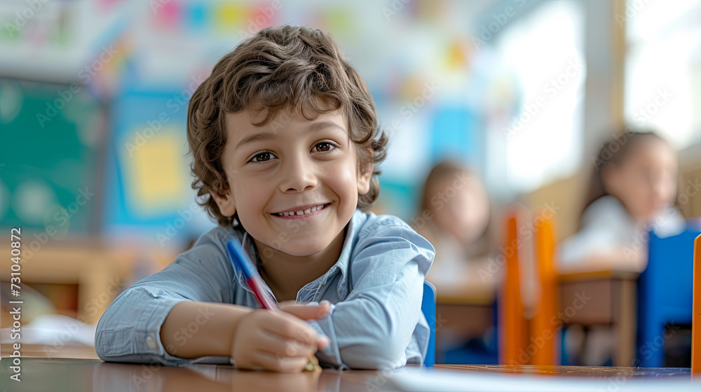 Happy smiling student sitting in class at the first desk Happy smiling student sitting in class at the first desk