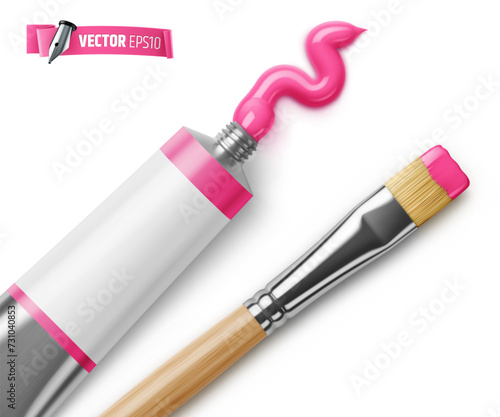 Vector realistic illustration of a pink paint tube and paintbrush on a white background.