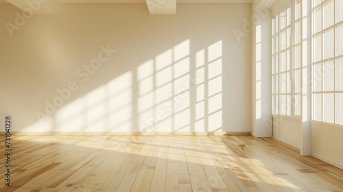 Minimalistic light beige interior with wooden natural color floor and lattice window shadow on the wall on bright sunny day