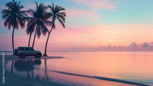 A serene twilight beach scene  a compact car stopped at a viewpoint overlooking the sea  pastel-colored sky reflecting on the water  silhouette of palm trees  Generative AI