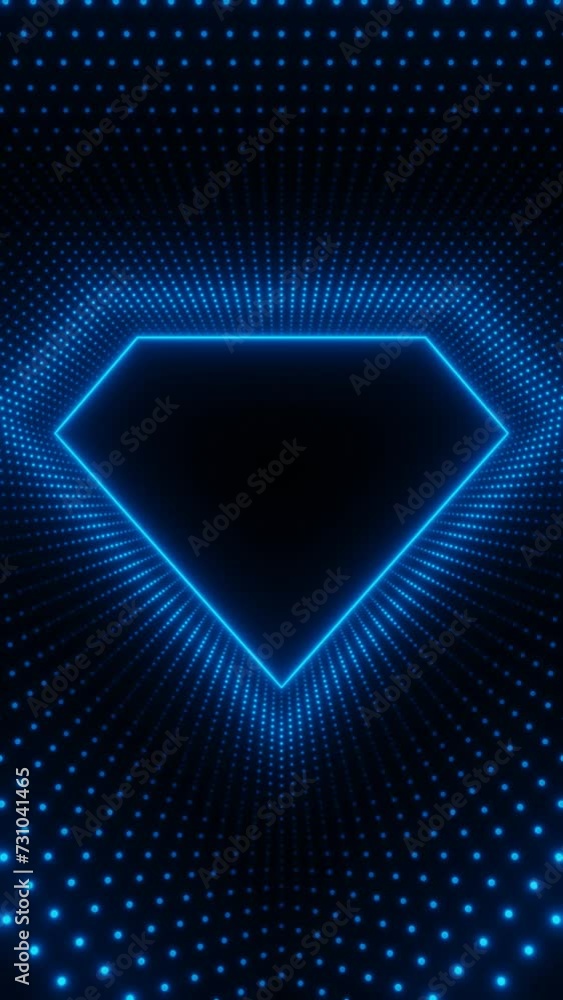 Vertical video blue neon diamond frame with waves of dots loop animation Vertical video blue neon diamond frame with waves of dots loop animation