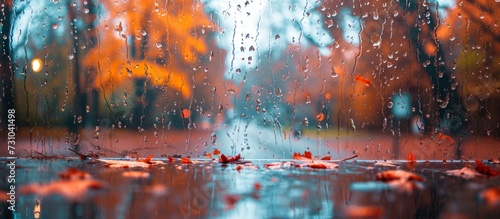 Rainy autumn landscape with blurred, drenched window glass and park reflection.