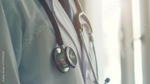 Doctor Man With Stethoscope In Hospital, copy text, blur white background