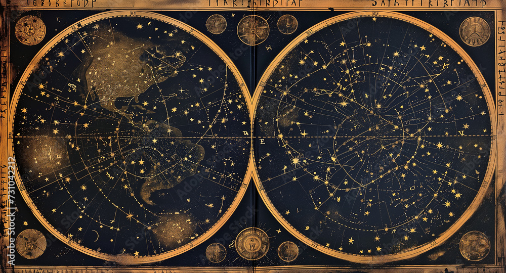Ancient star map with an old representation of constellations and stars, adorned with golden symbols of medieval astrology, and phases of the moon and celestial bodies - obrazy, fototapety, plakaty 
