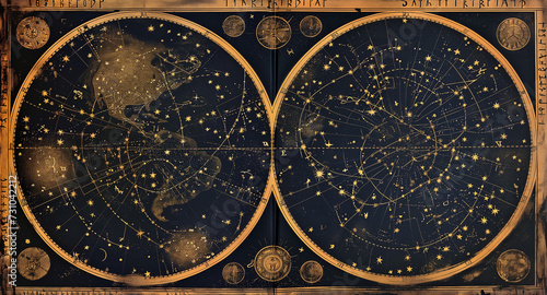 Ancient star map with an old representation of constellations and stars, adorned with golden symbols of medieval astrology, and phases of the moon and celestial bodies © Domingo