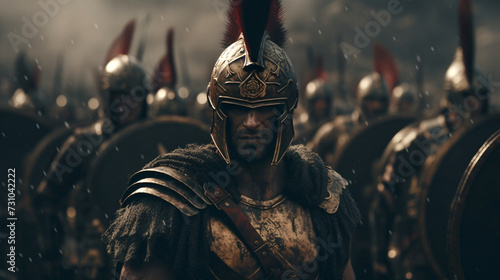 Roman empire soldiers in armor ready for battle in a winter campaign with snow. Amazing and epic cinematic image for a history and war wallpaper to represent glory, honour, victory or defeat