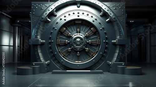  A 3D-rendered photorealistic image showcases a large and heavy bank vault door, symbolizing security for money and valuables. © Pixelzone