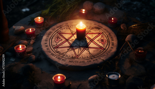 Ouija board with mystical occult symbols and a pentagram for a séance session with candles on a table in a dark room. Satanism and diabolical invocations photo