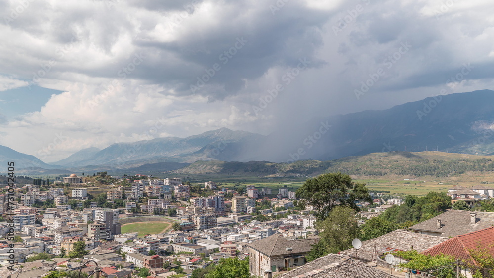 Panorama showing Gjirokastra city from the viewpoint with many typical historic houses of Gjirokaster timelapse.