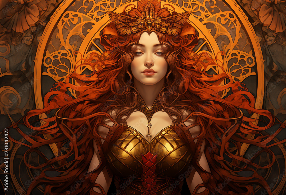 Illustration of a red-haired Greek goddess or Amazon in armor and long hair, in Art Nouveau style, representing feminine divinity and the sacred in a pagan ritual. Mystic wallpaper for Wicca