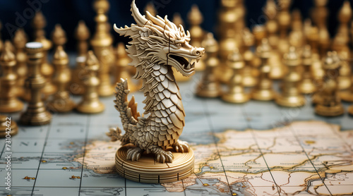 White ivory figure of a Chinese dragon on a map, with golden chess pieces in the background. Strategy, history, and conquests in Asia photo