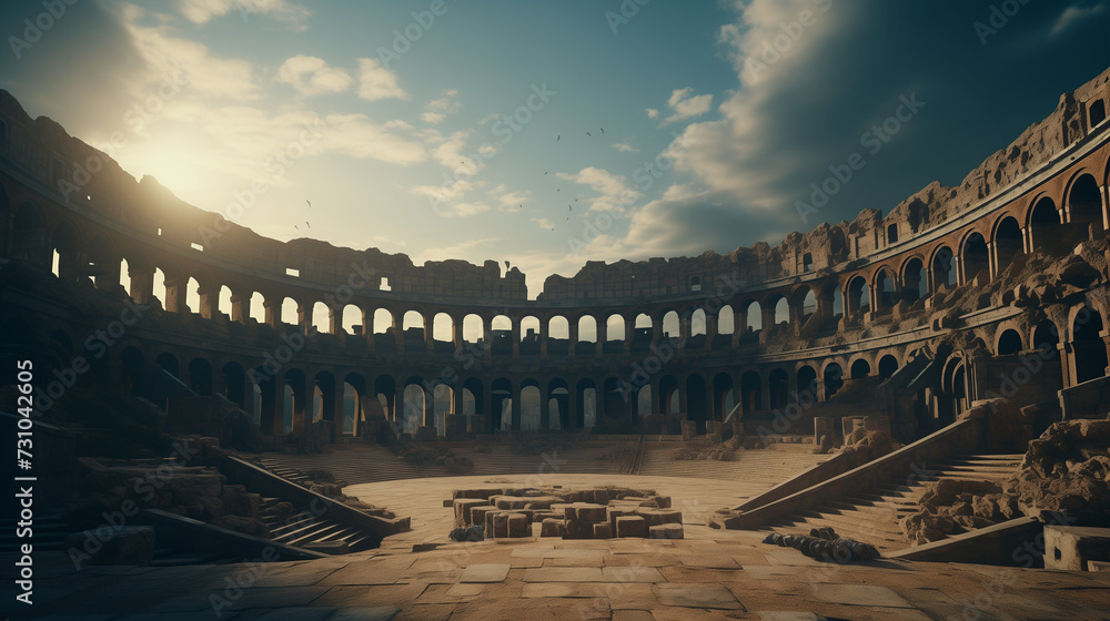 Sunlit ancient amphitheater ruins of a ruined coliseum, with arches casting shadows and clouds in the epic sky of a warm day with sun. Scene of gladiators and Roman circus.