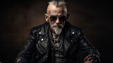 Old man punk rocker with shaved with spiky gray hair in a mohawk, beard and mustache, sunglasses and black leather jacket with chains sitting on a motorcycle in a dark studio setting. Criminal guy
