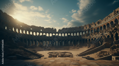 Sunlit ancient amphitheater ruins of a ruined coliseum, with arches casting shadows and clouds in the epic sky of a warm day with sun. Scene of gladiators and Roman circus. photo