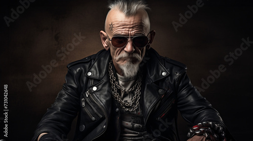 Old man punk rocker with shaved with spiky gray hair in a mohawk, beard and mustache, sunglasses and black leather jacket with chains sitting on a motorcycle in a dark studio setting. Criminal guy photo