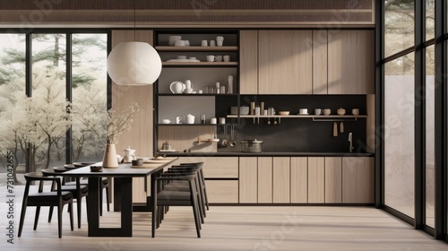 Trendy Japandi kitchen and dining area with wood, white and dark tones. Cabinets, wallpaper, big window. Minimalist design, 3d visual.
