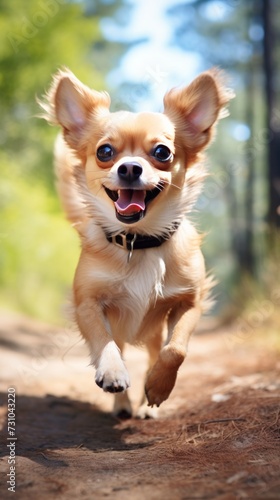 An outdoor photo captures the joyful sight of a small Chihuahua dog running happily ahead.