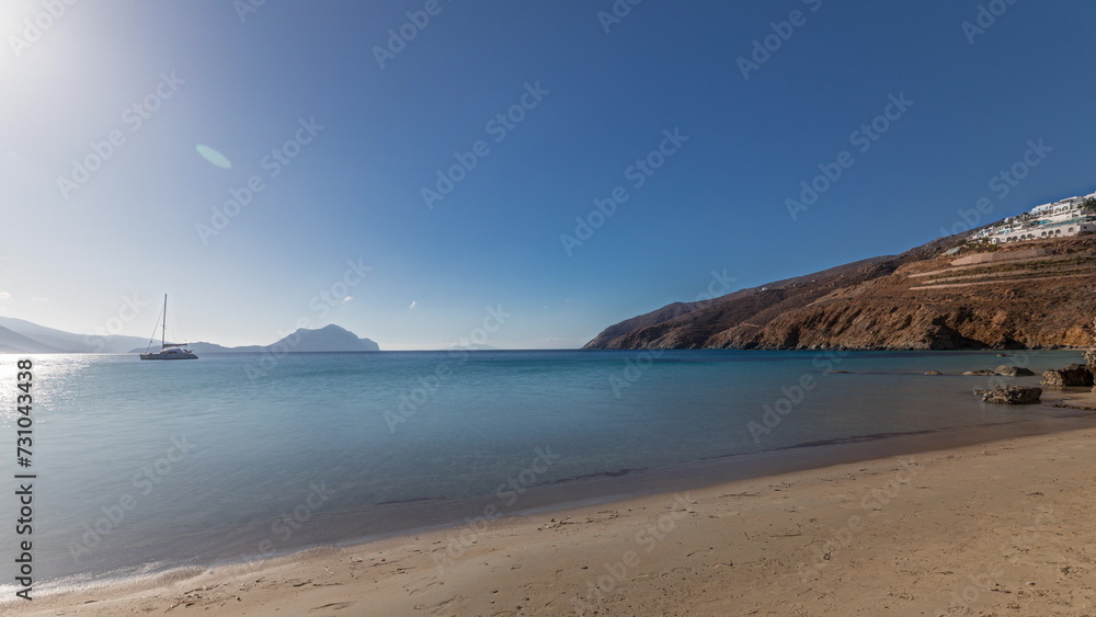 Panorama showing beach in Amorgos island aerial timelapse from above. Greece