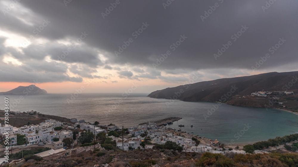 Panorama showing sunset on Amorgos island aerial timelapse from above. Greece Panorama showing sunset on Amorgos island aerial timelapse from above. Greece