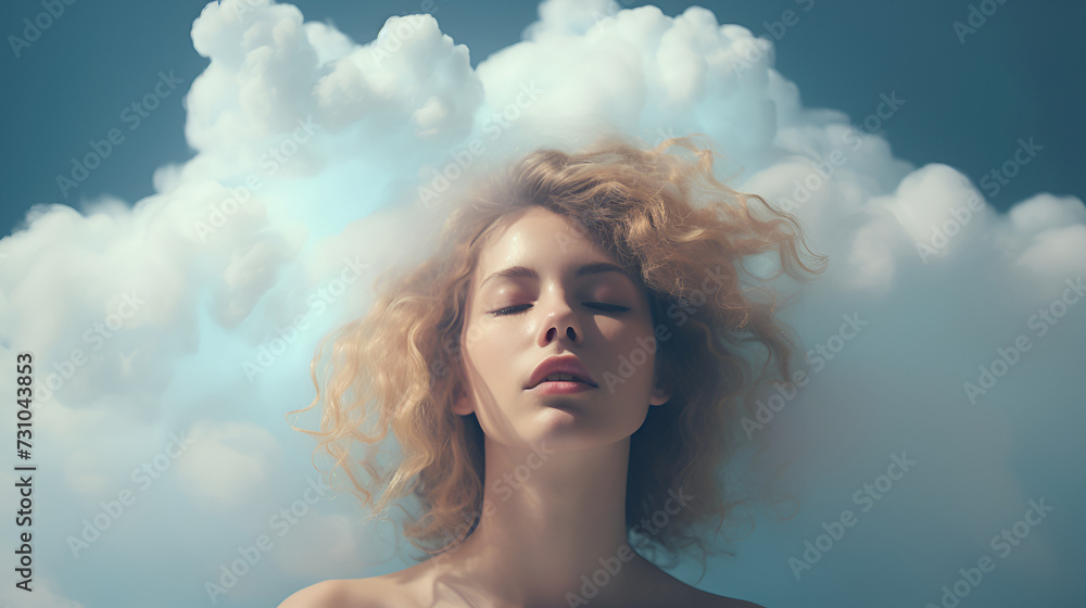portrait of a young curly woman with closed eyes in the clouds - obrazy, fototapety, plakaty 