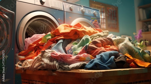 Dirty clothes in a basket in front of the washing machine
