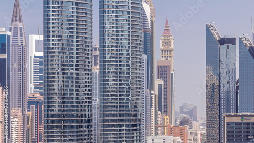 Dubai International Financial district aerial morning timelapse