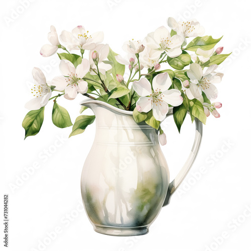 Pink spring blossom in a pitcher on white background watercolor clipart