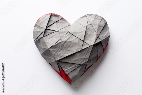 A heart-shaped piece of paper with a vibrant red edge lies on a flat surface.